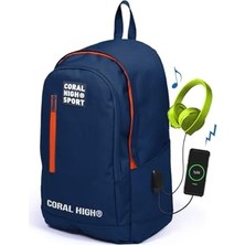 Sport Lacivert Üç Bölmeli USB Şarjlı Kulaklık Çıkışlı Sırt Çantası 23232