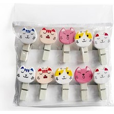 Sevimli Kedi Tasarımlı Ahşap Notluk Mandal, Çok Renkli, Dekoratif Fotoğraf Kıskacı, Dayanıklı Ahşap Not Mandalı 10 Adet