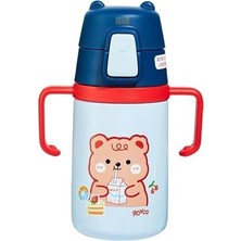 Rovco 400ML Silikon Pipetli Sevimli Ayıcıklı Boyun Askılı Bebek Kulplu Paslanmaz Çelik Termos (Lacivert)