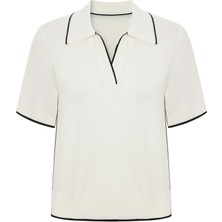 Kameya Kontrast Şeritli Polo Yaka Triko Bluz