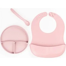 MiraLive Pembe 3’lü Silikon Yemek Seti – Önlük + Diş Kaşıyıcılı Kaşık + Vakumlu Tabak