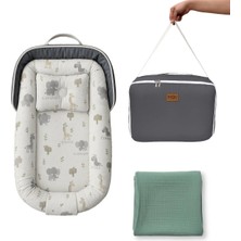 NGN Collection Çantalı Baby Nest + 4 Katlı Müslin Battaniye Taşınabilir Anne Yanı Yatağı Yenidoğan Gri Nest