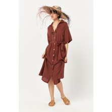 My Flamenco Myflamenco  Kadın Keten Elbise Midi Bağlamalı Rahat Kesim