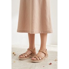 Ayakkabı Fuarı Elit ASIRM2309 Kadın Hakiki Deri Düz Sandalet Taba