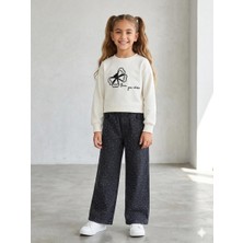 HaanBebe Kız Çocuk Kelebek Nakışlı Sweatshirt ve Taşlanmış Geniş Paça Jean Pantolon Takımı