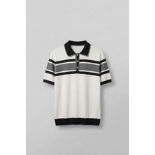Abluka Online Erkek Regular Fit Çizgili Havlu Triko Polo Yaka T-Shirt Ekru Siyah