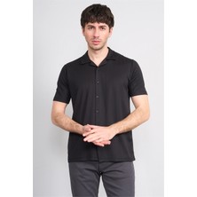 Mentality 4577 Erkek Apaş Yaka Kısa Kol Regular Örme Gömlek Siyah