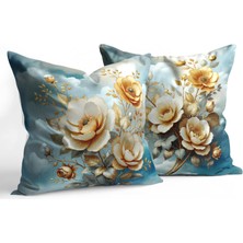 Canila Çift Taraflı Gizli Fermuarlı Mavi Gül Desenli Dijital Baskılı Kırlent Kılıfı 2'li Set