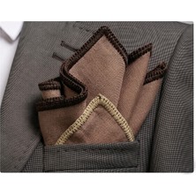 Exve Exclusive Sütlü Kahve Keten Üzeri Kenarı Çift Renk El Işi Örgülü Cep Aksesuarı Yaka Mendili