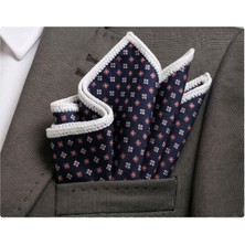 Exve Exclusive Lacivert Geometrik Desen Baskılı Kenarı Beyaz El Işi Örgülü Cep Aksesuarı Yaka Mendili