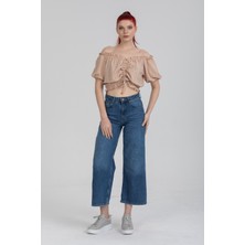 Şamdan Bej Renk Önü Büzgülü Detaylı Balon Kol Crop Bluz