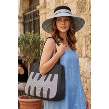 Bay Şapkacı Bohem Çiçekli Hasır Şapka ve Puantiyeli/çizgili Modern Bez Çanta Seti 1317-1336