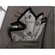 Exve Exclusive Gri Üzeri Siyah Çiçekli Pamuk Kenarı El Işi Örgülü Cep Aksesuarı Yaka Mendili