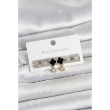 Evyora 316L Çelik Gold Renk Yonca Detaylı Kadın Küpe Seti