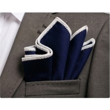 Exve Exclusive Lacivert Sade Kenarı Beyaz El Işi Örgülü Cep Aksesuarı Yaka Mendili