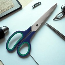 Makas 21.5 cm Paslanmaz Çelik Büyük Ofis Makası – Ergonomik Kauçuk Saplı, Yeşil-Lacivert Renkli, Ev & Büro Tipi Makas