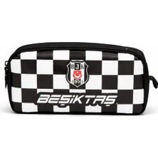 Beşiktaş Lisanslı Çift Bölmeli Dama Desenli Kalemlik - Rubber Logolu Su Itici Kumaşlı Kalem Çantası