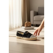 Yazın Ayakkabıları Siyah Payetli Hasır Tabanlı Espadril Günlük Ayakkabı