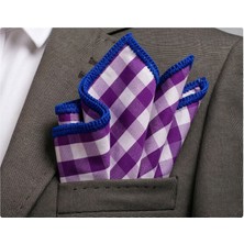 Exve Exclusive Mor Beyaz Ekoseli Kenarı Mavi El Işi Örgülü Cep Aksesuarı Yaka Mendili