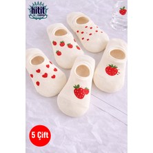 Hitit Socks Kadın5 Çift Çilek ve Kalp Desenli Yüksek Pamuklu Görünmez Babet Çorap Beyaz