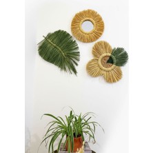 El Yapımı Doğal Rafya Duvar Dekoru Seti ( 3 Parça) Yaprak,çiçek ve Ayna Tasarımı- Bohem Ev Dekoru