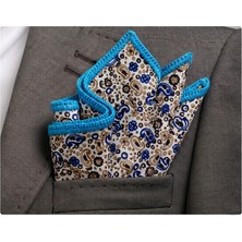 Exve Exclusive Lacivert Bej Şal Desenli Kenarı Mavi El Işi Örgülü Cep Aksesuarı Yaka Mendili