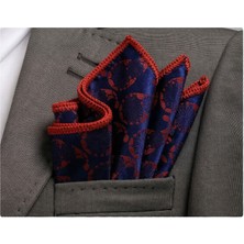 Exve Exclusive Lacivert Üzeri Kırmızı Şal Desenli Jakar El Işi Örgülü Cep Aksesuarı Yaka Mendili