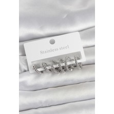 HERŞEYBURDAMODA Çelik Gümüş Renk Zirkon Taşlı Halka Model Kadın Küpe Seti