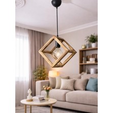 Brothers Craft Doğal Eskitme Tekli Ahşap Kare Çerçeveli Avize – Siyah Kablo Askılı El Yapımı Aydınlatma