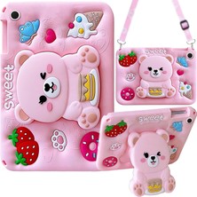 Alstrap iPad 7 / 8 / 9. Nesil 10.2 Uyumlu 3D Ayıcık Desenli Silikon Kılıf Askılı Koruyucu Kılıf