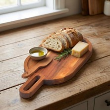 Vigordurus Doğal Akasya Ahşap Oval Peynir ve Sunum Tahtası – 30X14 cm Saplı Servis Tepsisi, Yanında Özel Ahşap Peynir Bıçağı Ile (2 Parça Set)