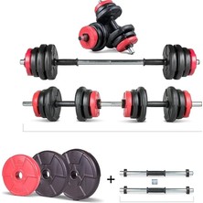 Nuvvo Ecgspor 22 kg Multifonksiyonel Kırmızı Siyah Halter Seti ve Dambıl Seti