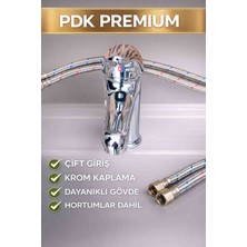 Pdk Premium Çift Giriş Lavabo Bataryası | Krom Kaplama | Çift Hortum Dahil | Dayanıklı Metal Gövde | Sıcak-Soğuk Karışım Musluk