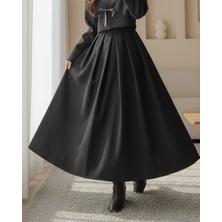 Moda Morfo Pileli Fermuarlı Kaşe Etek -Siyah