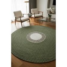 Home İnn Tekstil Home İnn Modern Yuvarlak Halı – Örgü Dokulu Yeşil & Krem Desenli Dekoratif Kilim | Bohem Minimal Salon Halısı