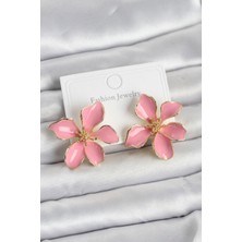 HERŞEYBURDAMODA Pembe Mineli Çiçek Model Pirinç Kadın Küpe