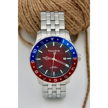 TOMRIS Çelik Erkek Kol Saati, Su Geçirmez, Gümüş Kordon, Mavi Kırmızı Döner Bezel, Kırmızı Kadran Garantili Sportif Erkek Kol Saati