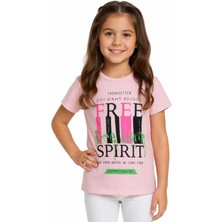 Essu Kız Çocuk Free Spirit Yazı Desenli Pudra Renk Kısa Kol Tişört