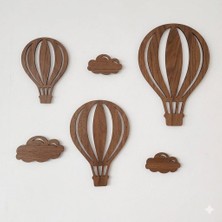 Ahşap Meşe Rengi Sıcak Hava Balonu ve Bulut Seti Duvar Dekoru