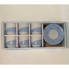 6 Kişilik Porselen Kahve Fincanı Takımı 12 Parça – Türk Kahvesi Fincanı Seti, Şık Desenli Tabaklı, Dayanıklı Porselen, Ev ve Hediye Için Ideal Zen Beyazmavi