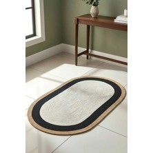 Home İnn Modern Iskandinav Oval Halı Siyah Çerçeveli Krem Dekoratif Salon Halısı 90X150 cm Minimal Halı