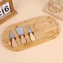Vigordurus Bambu Peynir Sunum Tabağı, 3 Parça Peynir Bıçağı ve Çatalı Seti, Toplam 4 Parça, Doğal ve Şık Peynir Tabağı, Kaliteli Sunum Seti 34X20 cm Ebatlarında