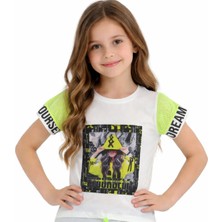 Pançiko Kız Çocuk Önü Desenli Kolu File Beli Lastikli Beyaz Renk Tişört