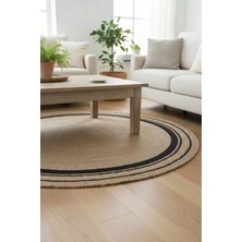 Home İnn Tekstil Home İnn Kenar Çizgili Yuvarlak Polipropilen Halı - Siyah Şeritli Modern Antre Mutfak Kilimi