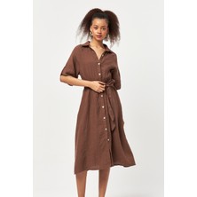 My Flamenco Myflamenco  Kadın Keten Elbise Midi Bağlamalı Rahat Kesim