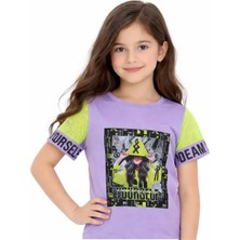 Pançiko Kız Çocuk Önü Desenli Kolu File Beli Lastikli Lila Renk Tişört