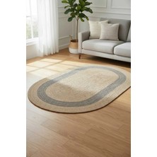 Home İnn Bohem Oval Mavi Detaylı Dekor Halısı – Modern Stil Salon, Antre ve Oturma Odası Halısı 90X150 cm