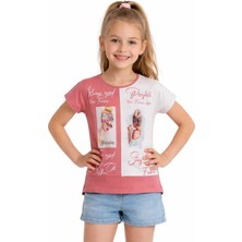 Pançiko Kız Çocuk Dijital Baskı Yazı Resim Desenli Kiremit Renk Kısa Kol Tişört