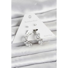 Karahanbey Pirinç Gümüş Renk Detaylı Kadın Küpe Seti -