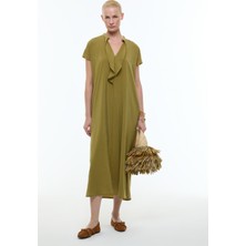ROMAN Yaka Detaylı Düşük Omuz Midi Elbise Olive YY011027_027